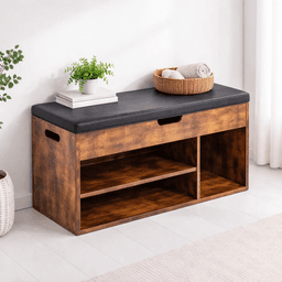 Banco Zapatero de Madera Rústica con Asiento Acolchado y Baúl de Almacenaje