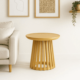 Mesa Redonda de 50 cm Madera Natural con Base Estilo Rejilla