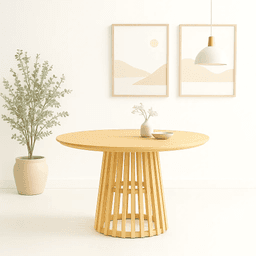 Mesa Redonda de 100 cm Madera Natural con Base Estilo Rejilla