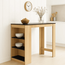 Mesa de cocina organizadora alta color madera con cubierta negra