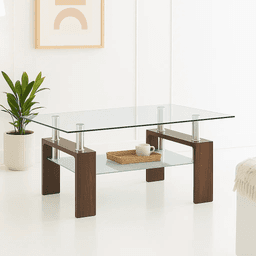 Mesa de Centro para Living Rectangular de Vidrio y Madera Oscura
